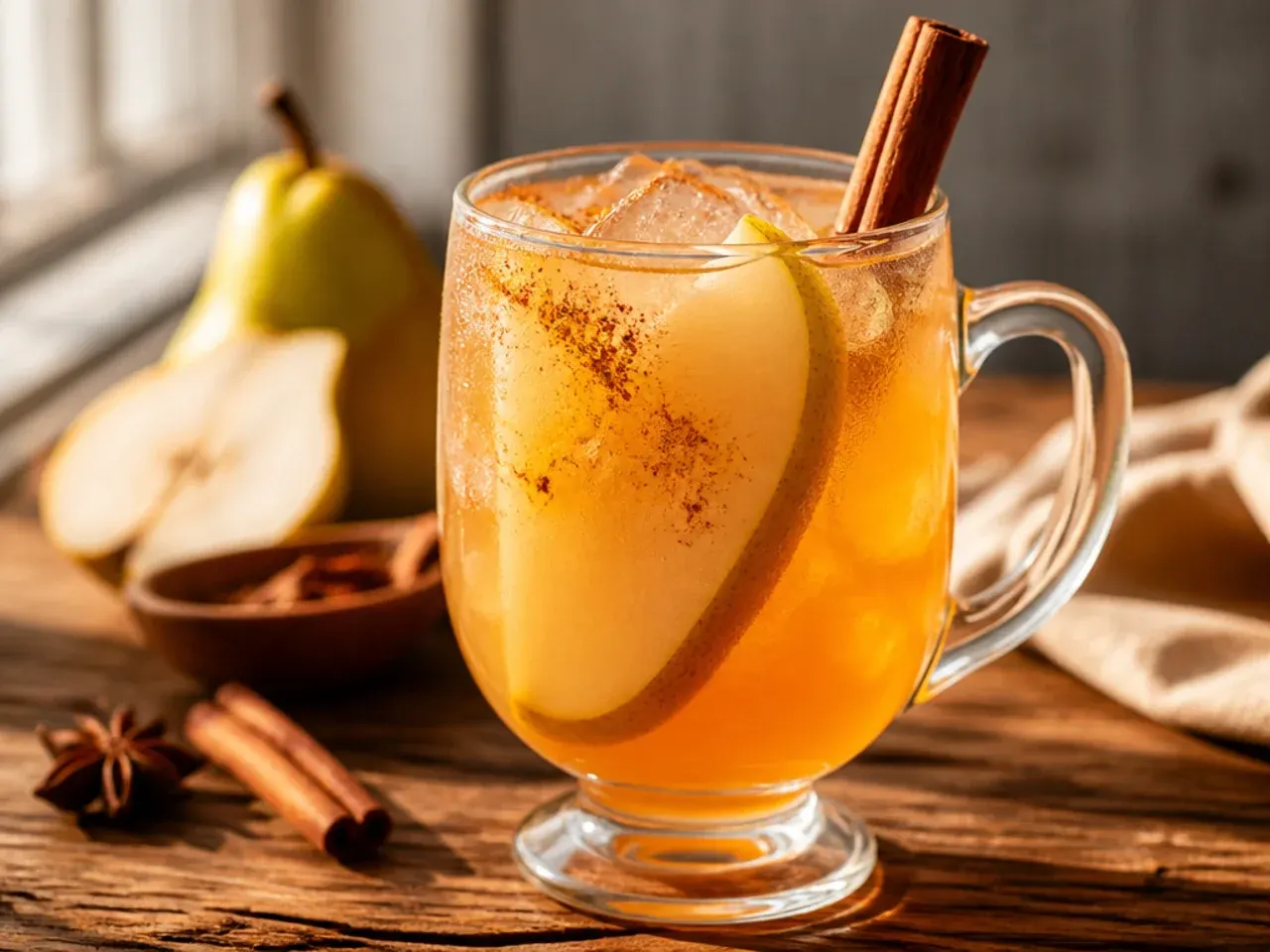Cozy spiced pear mule in a copper mug with a fanned pear slice