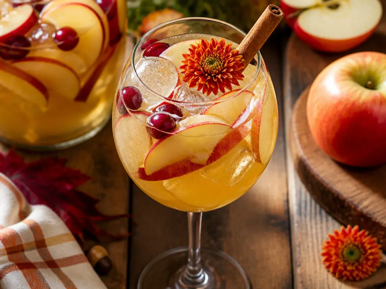 Sweet honeycrisp apple sangria in a glass pitcher with diced apple pieces
