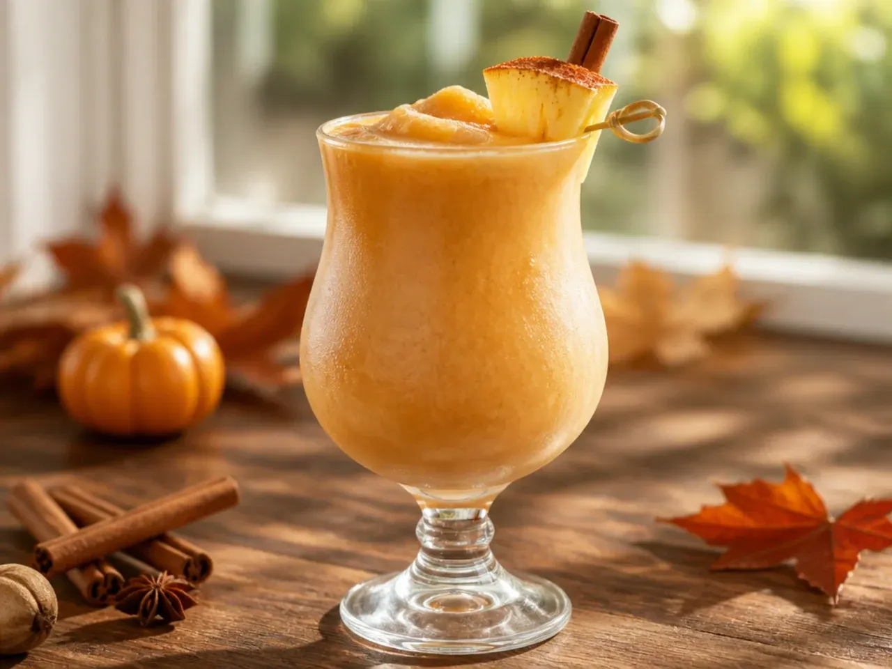Frozen spiced rum pumpkin colada in a hurricane glass with a cinnamon stick