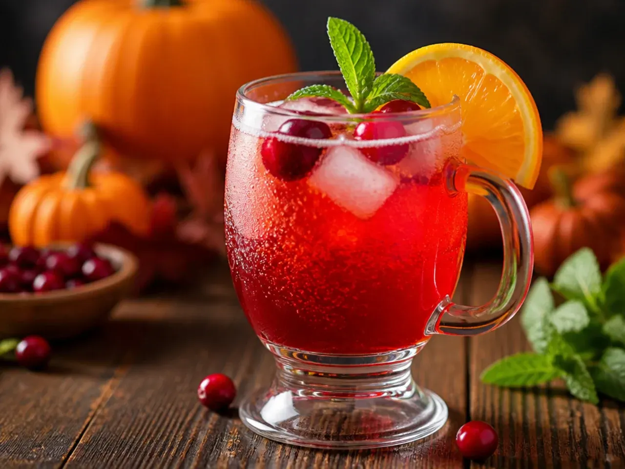 Punch bowl of easy sparkling cranberry ginger punch with floating orange slices