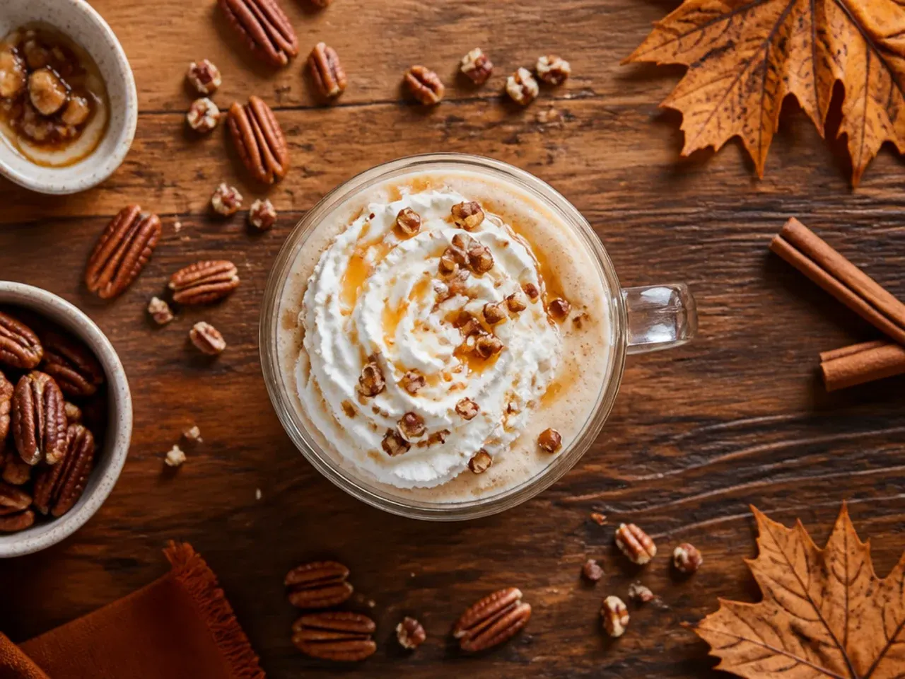 Blended maple pecan milkshake cocktail with a crushed pecan rim and maple drizzle