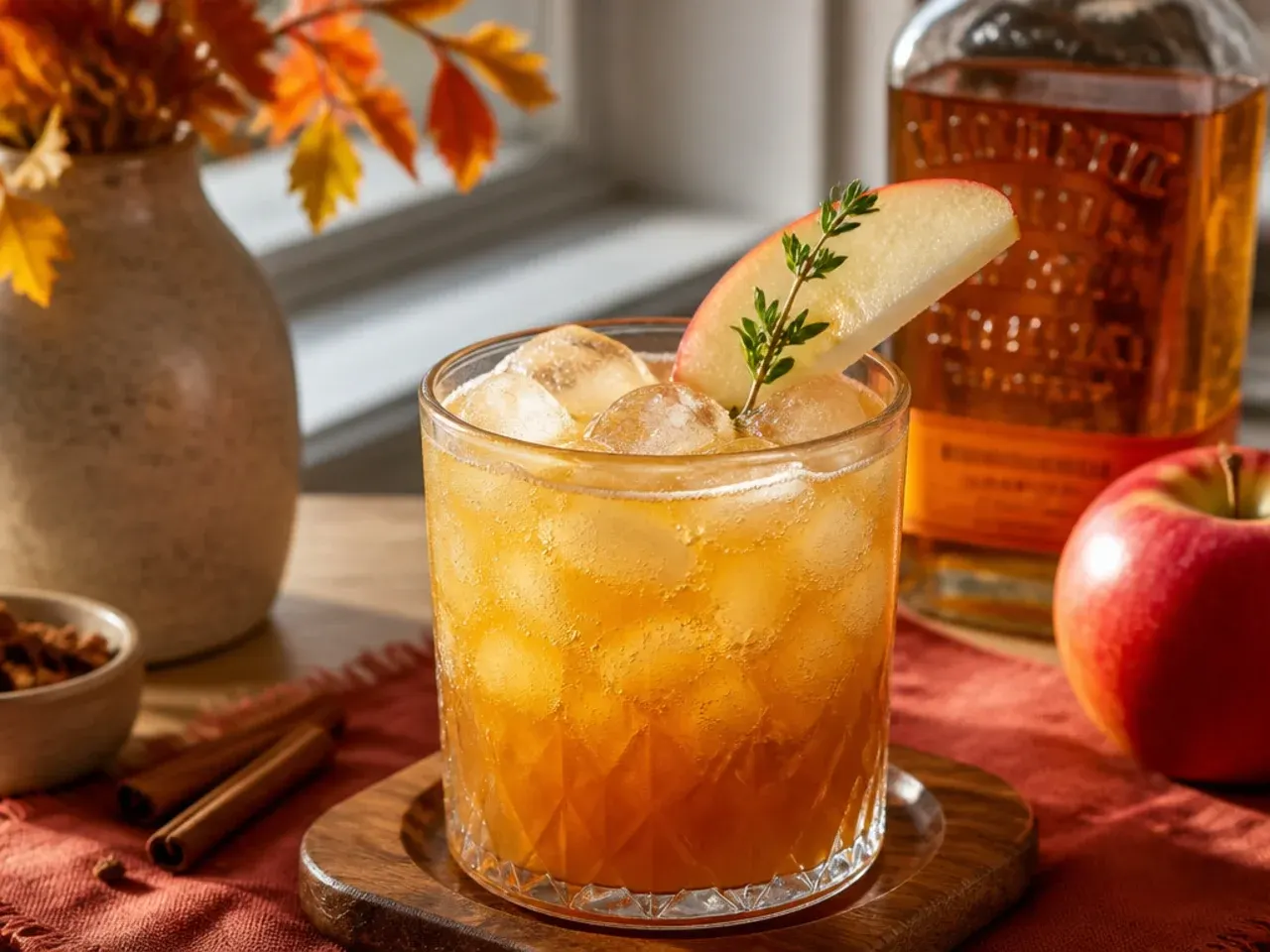 Garnish tray with cinnamon sticks, orange slices, and cranberries next to a Thanksgiving drink