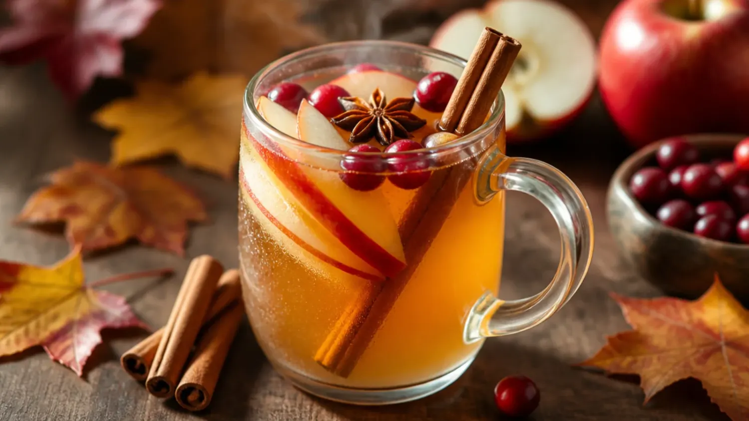 A wooden brunch table set with glasses of spiced apple cider mimosas garnished with orange slices, cranberries and cinnamon sticks