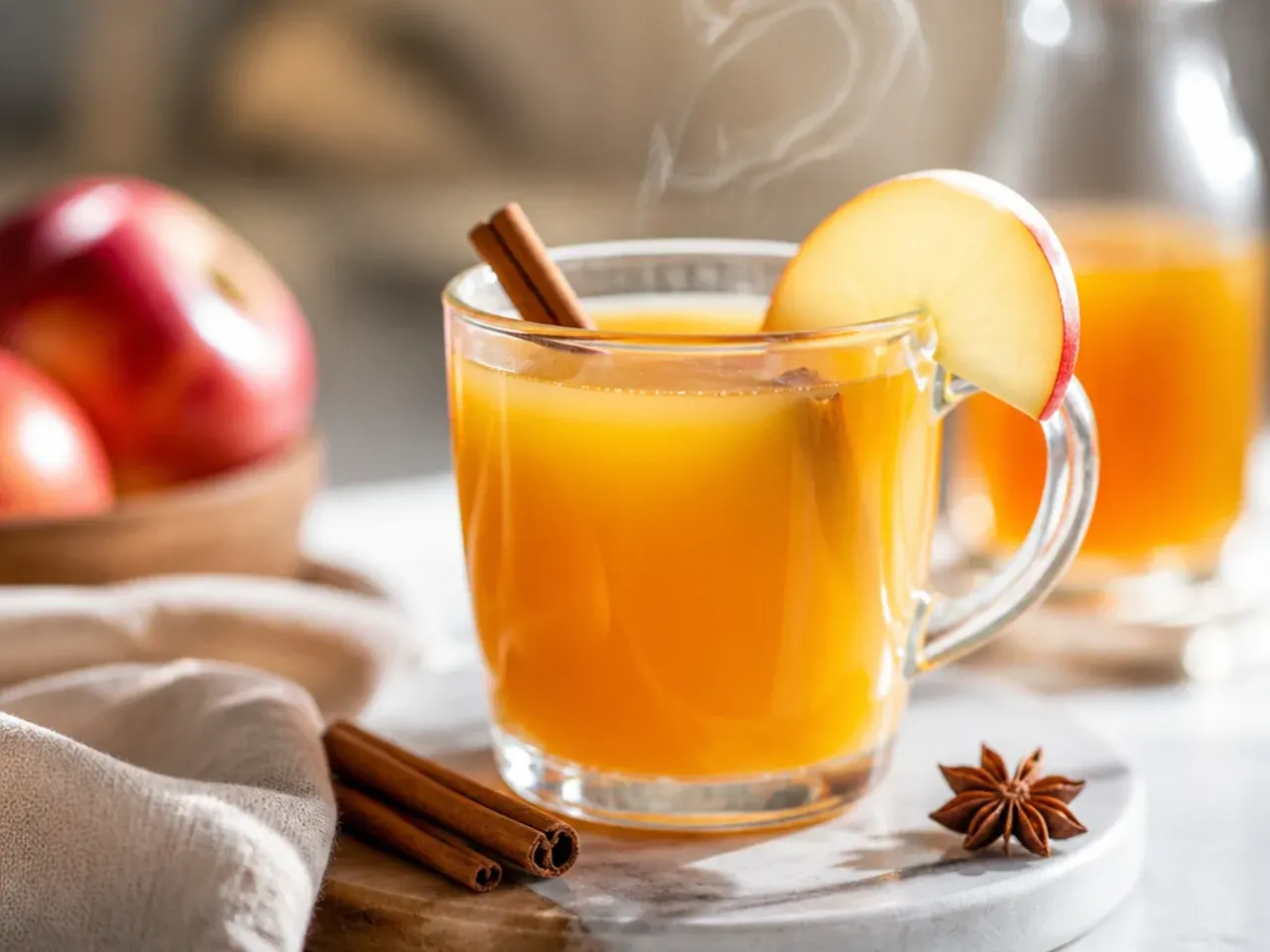 Overhead shot of a Thanksgiving brunch drinks table with mimosas, spiced cider and garnishes laid out