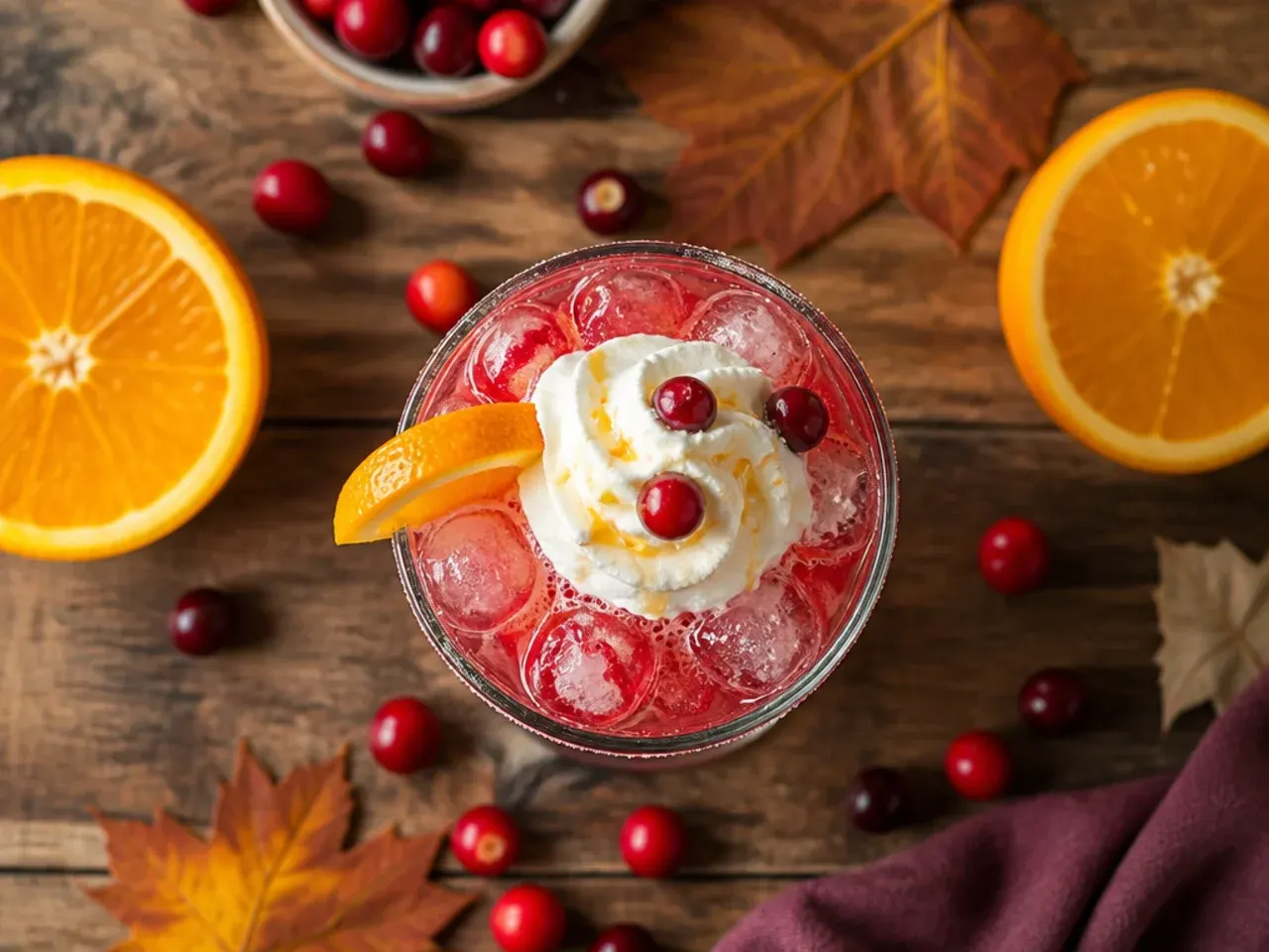 Tall glass of iced cranberry orange mimosa with frozen cranberry ice cubes and an orange twist