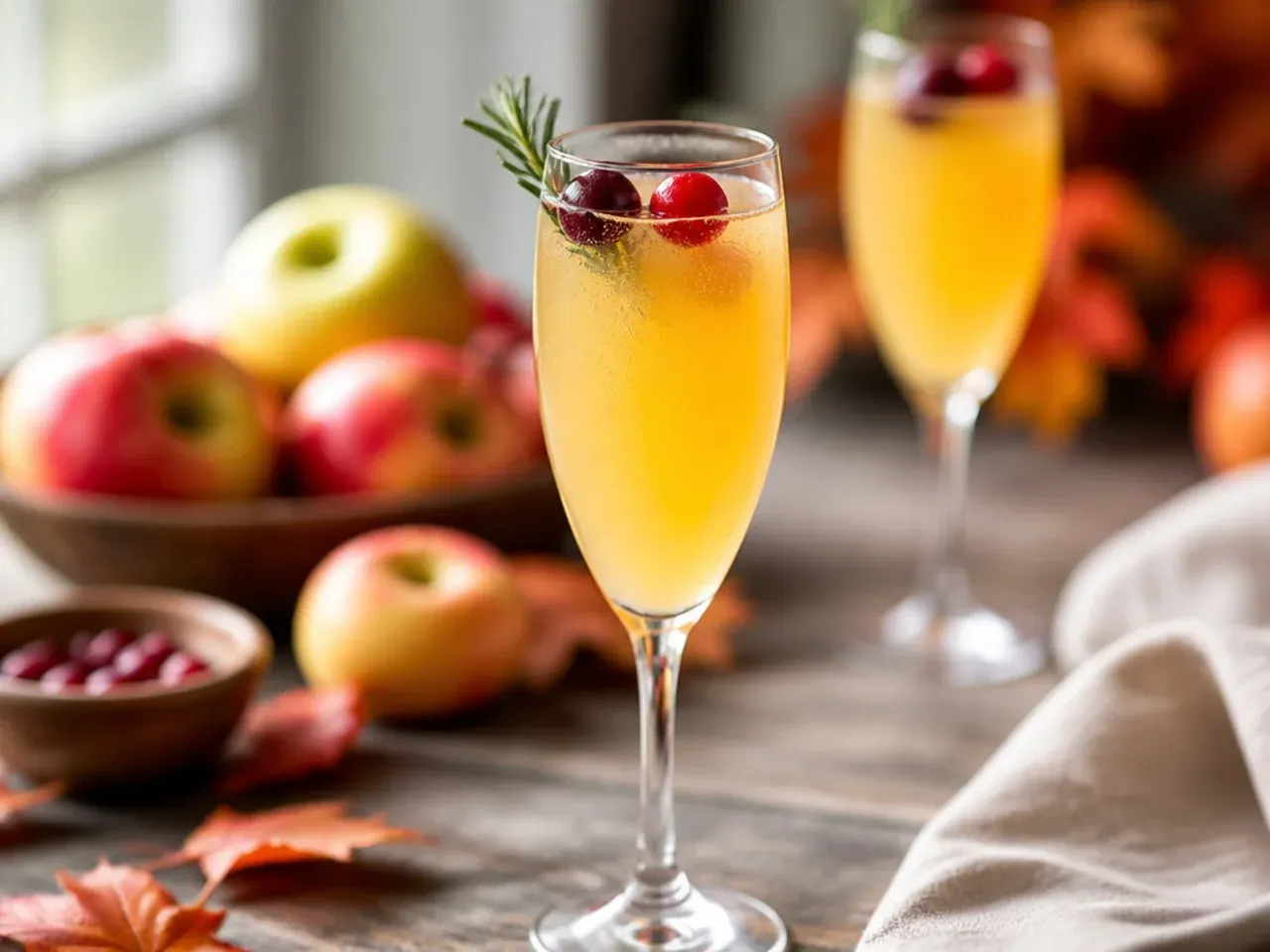 Champagne flute of classic spiced apple cider mimosa with a cinnamon stick stirrer