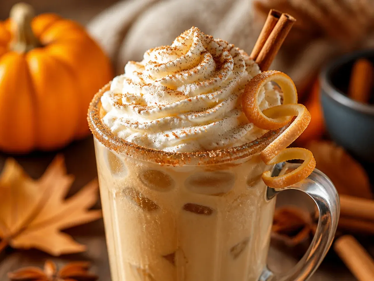 Copycat pumpkin spice latte in a glass mug with a dusting of spice on top