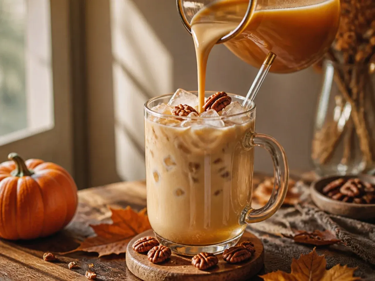 Mug of creamy maple pecan coffee with toasted pecan pieces on top