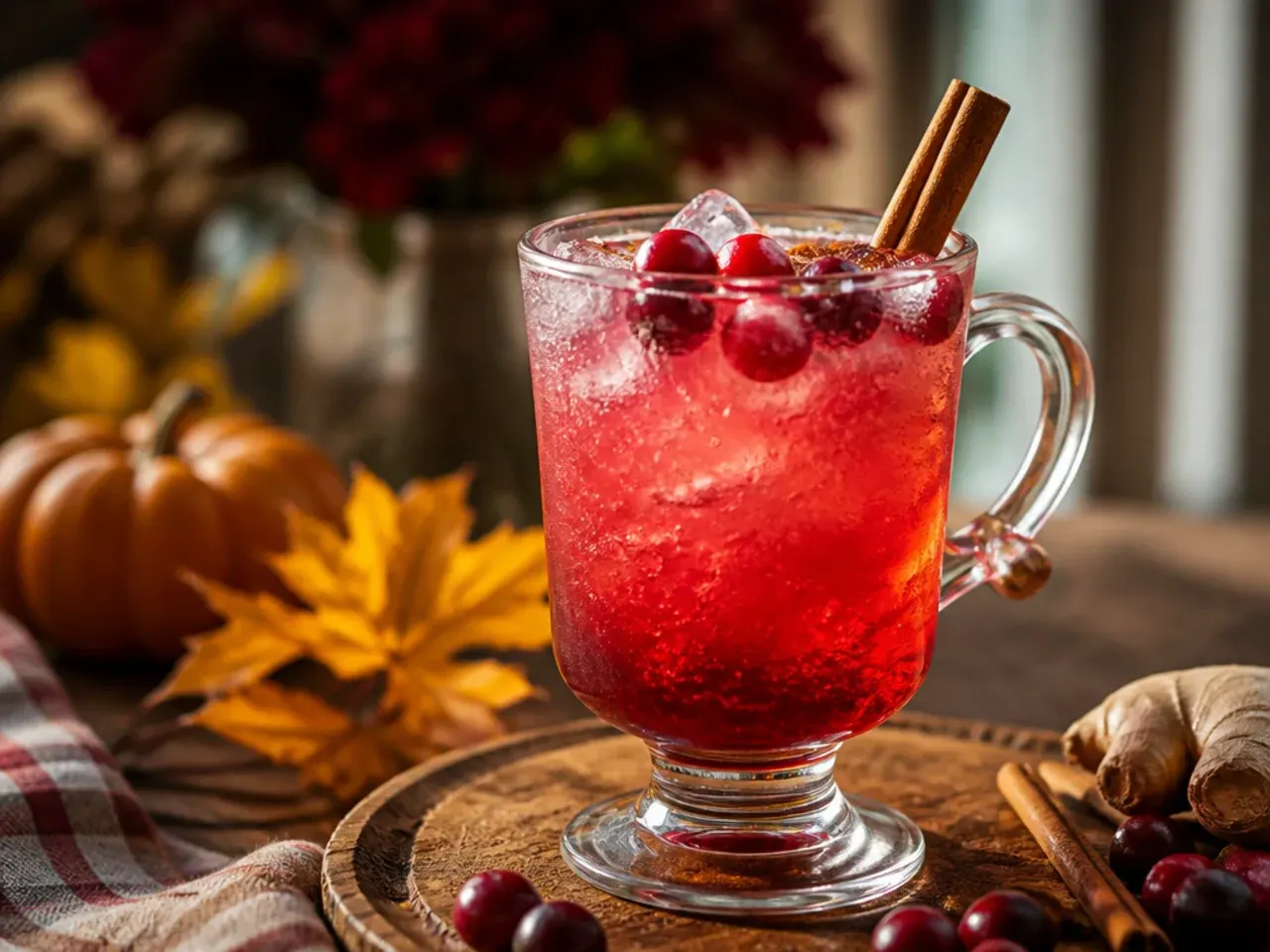 Glass of cranberry ginger fizz over ice with muddled cranberries and lime wheel