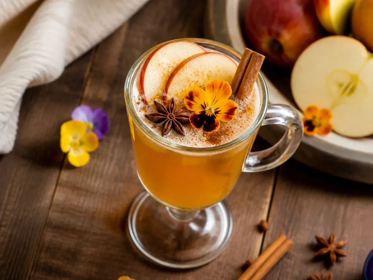 Heatproof mug of hot buttered spiced apple cider with steam rising