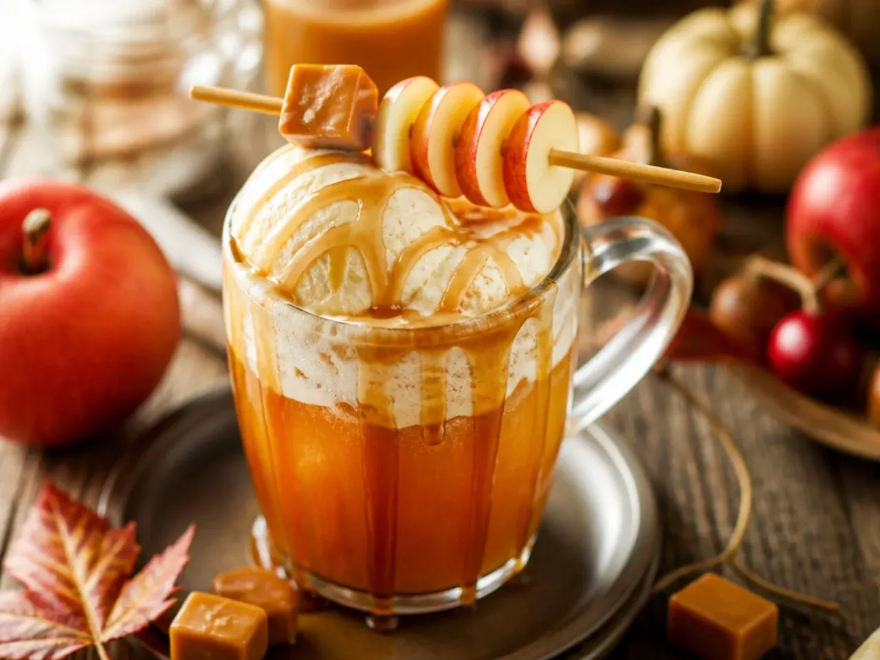 Glass of caramel apple cider float with vanilla ice cream and caramel drizzle
