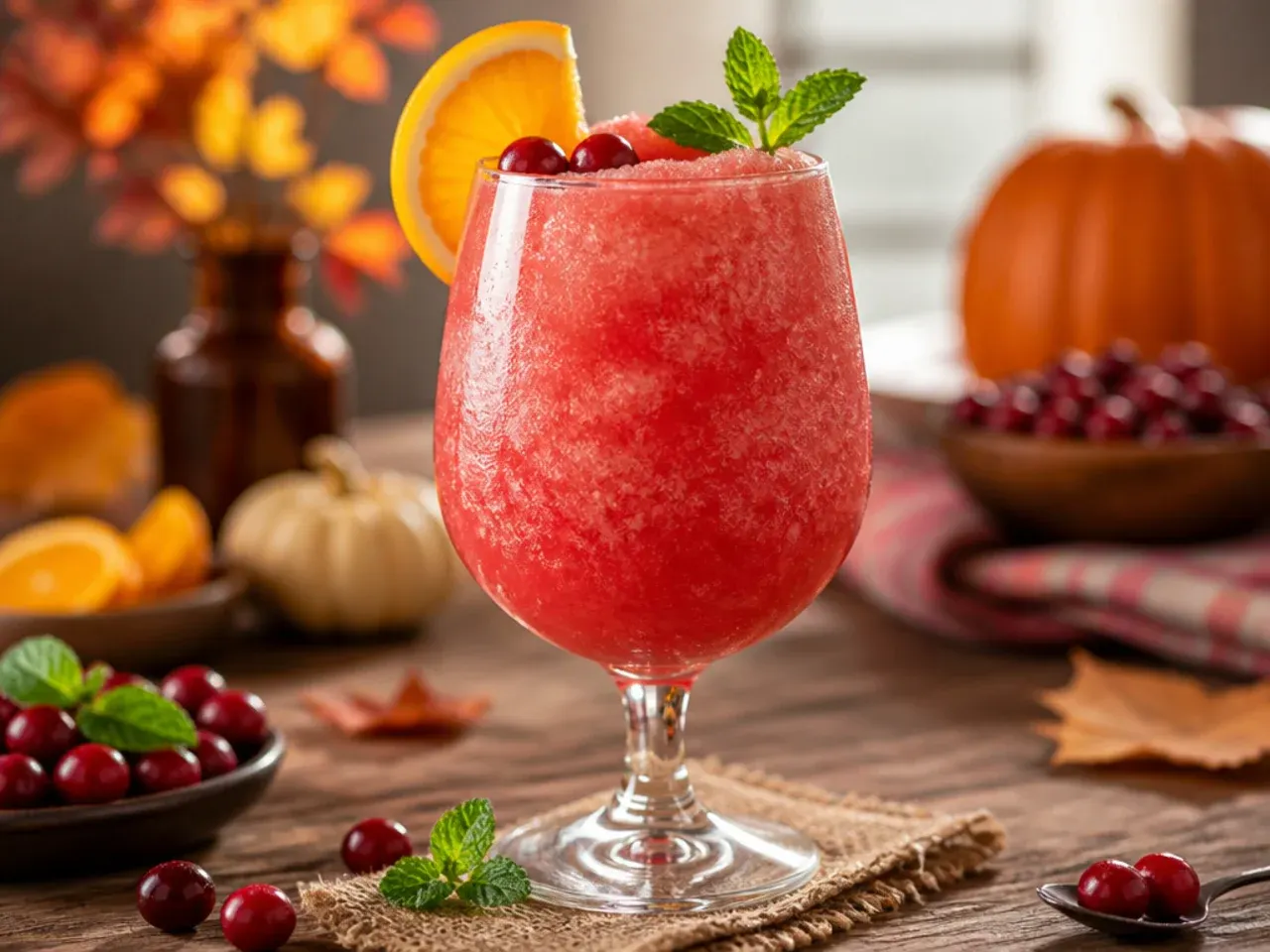 Chilled glass of frozen cranberry bellini slush with a pink slushy texture