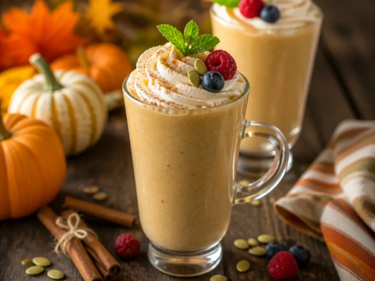 Tall glass of blended pumpkin pie smoothie topped with a sprinkle of spice