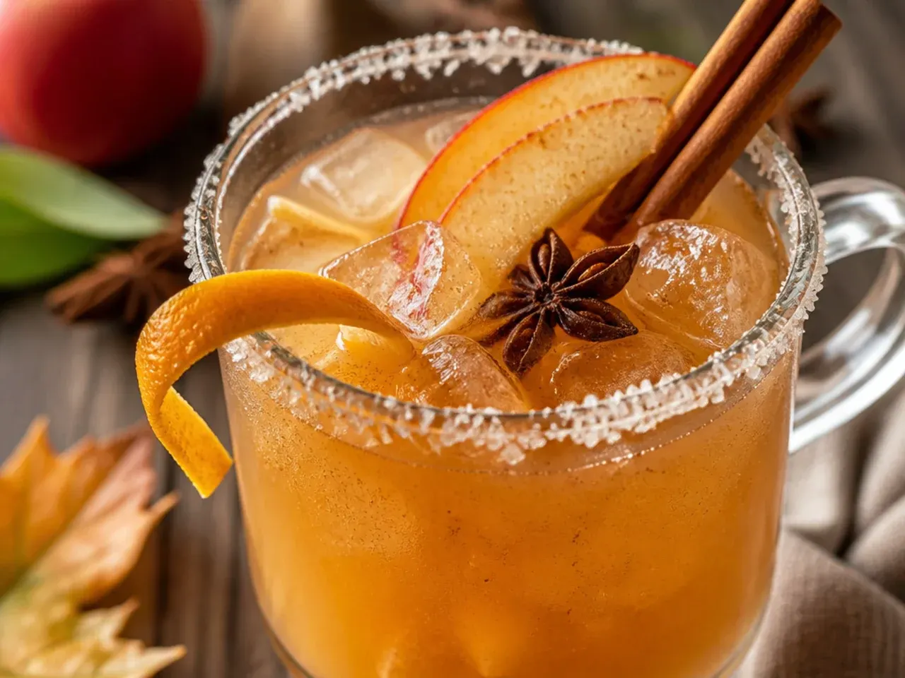 Mug of spiced chai apple toddy with a cinnamon stick and lemon wedge