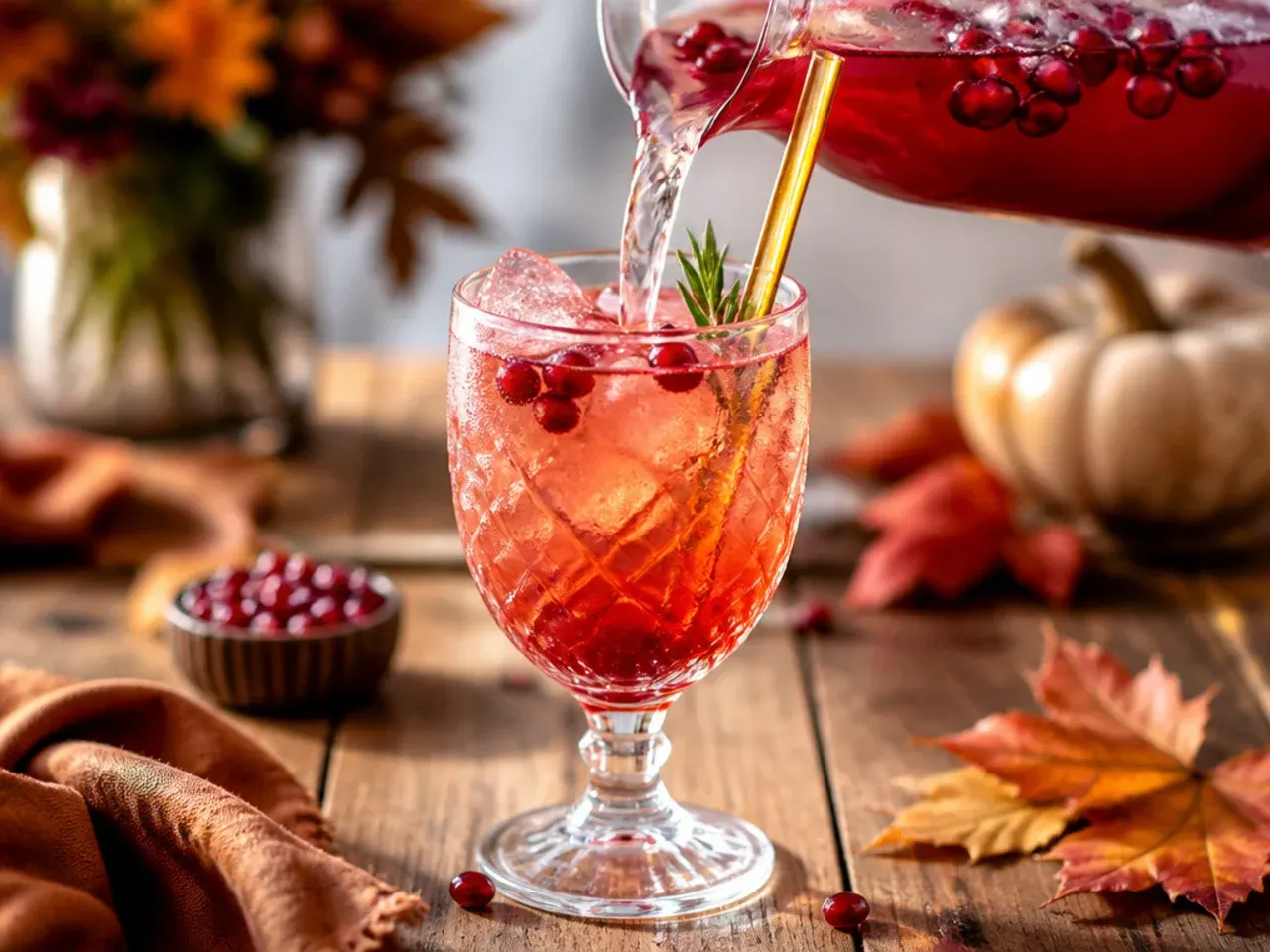 Punch bowl of festive pomegranate prosecco punch with floating pomegranate seeds