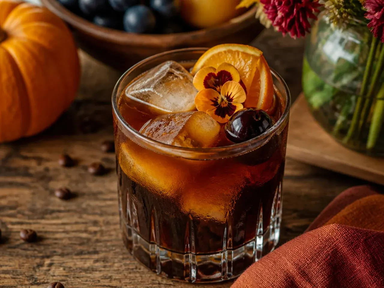 Rocks glass of espresso maple old fashioned with a large ice cube and orange twist