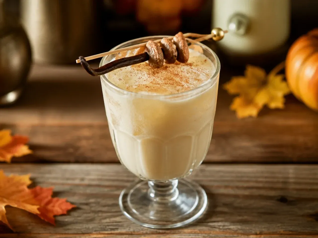 Glass of smooth vanilla bourbon milk punch dusted with fresh nutmeg