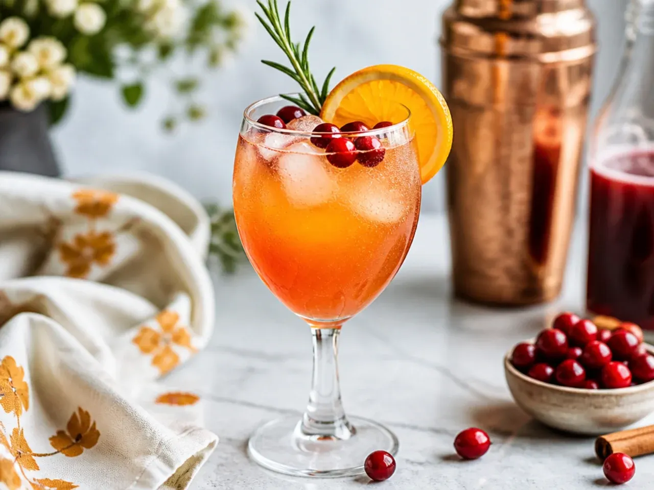 Garnish station with orange wheels, cranberries, cinnamon sticks and rosemary for brunch drinks