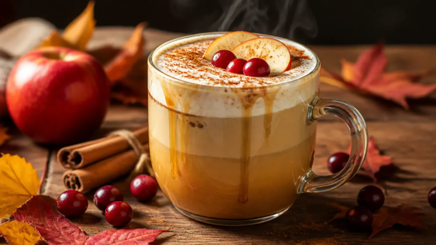 A wooden table set with several festive Thanksgiving coffee drinks in glass mugs, topped with whipped cream, cinnamon and cocoa dust, surrounded by autumn leaves and cinnamon sticks