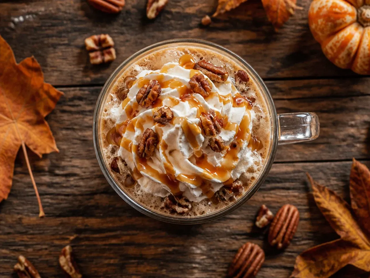 Iced maple pecan coffee in a tall glass with layered milk and crushed pecans on top