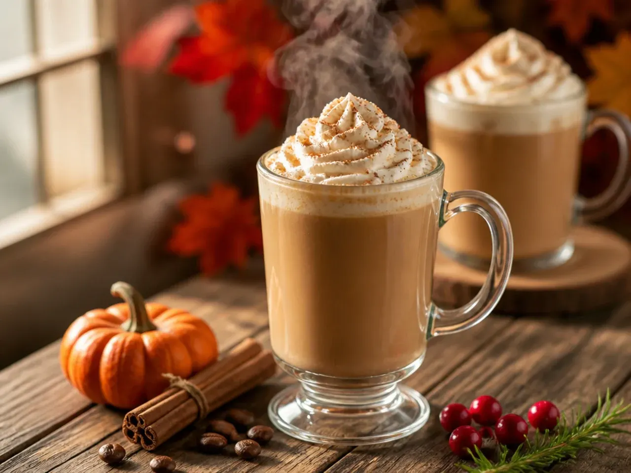 Classic pumpkin spice latte in a clear glass mug topped with whipped cream and spice dust