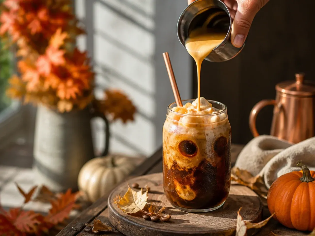Pumpkin cream cold brew with a thick pumpkin cream layer floating on top of dark iced coffee