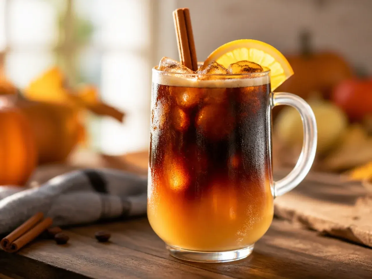Refreshing cinnamon orange cold brew in a glass with ice and an orange peel twist
