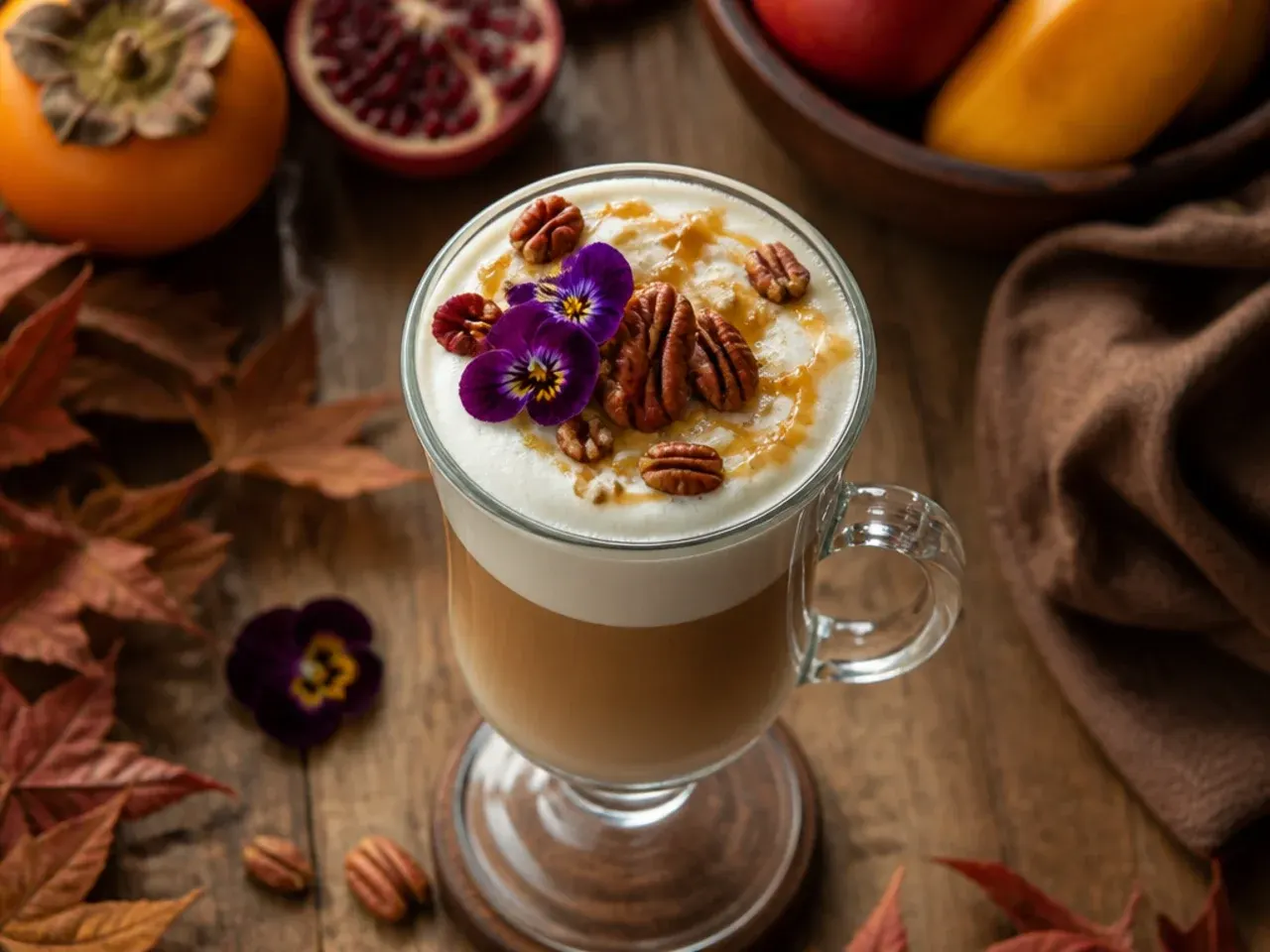 Brown butter pecan latte in a small cup with a toasted pecan half on the saucer
