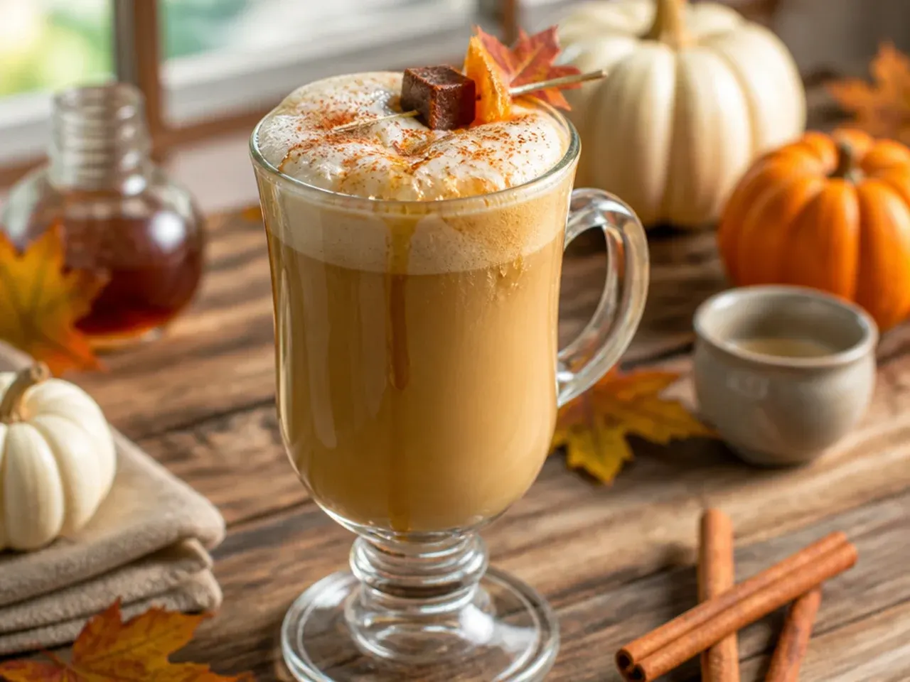 Sweet maple cinnamon cappuccino with thick foam dusted with cinnamon
