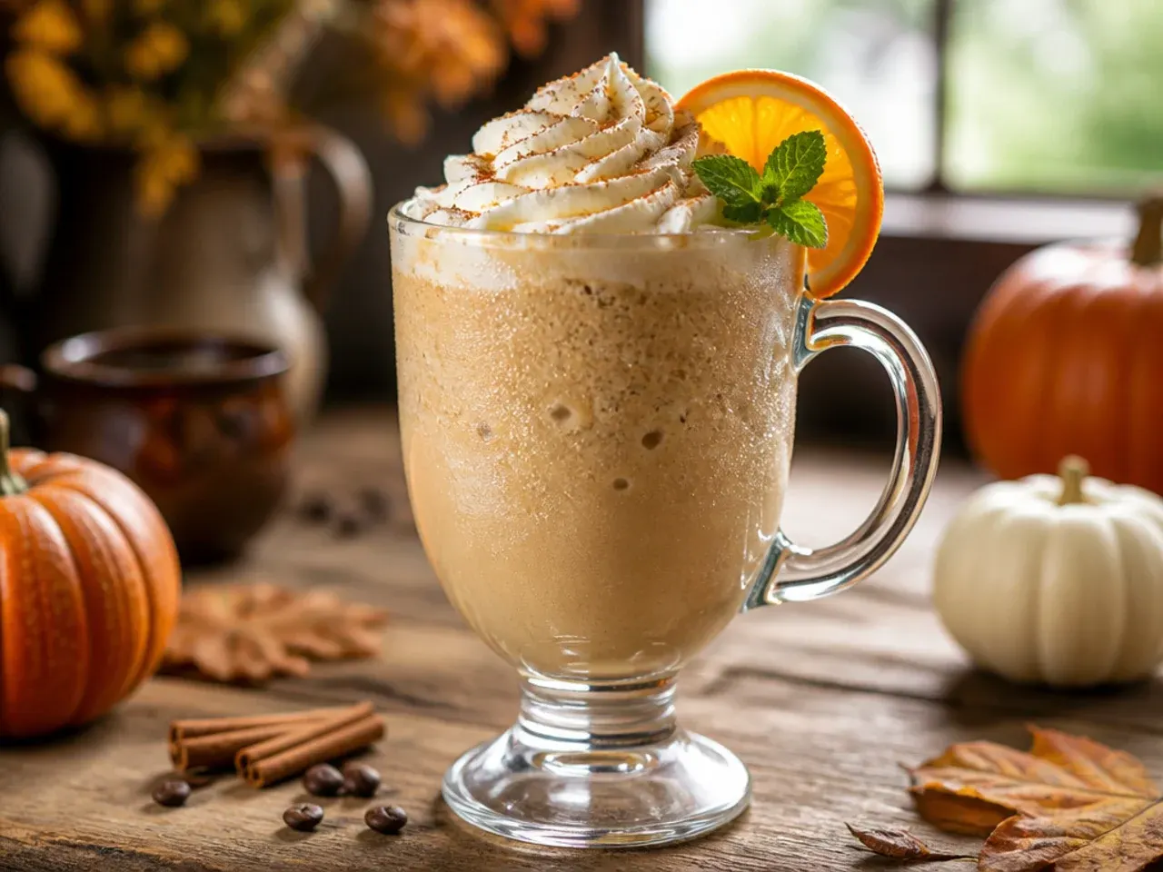 Frozen pumpkin spice frappe in a tall glass topped with whipped cream and caramel drizzle