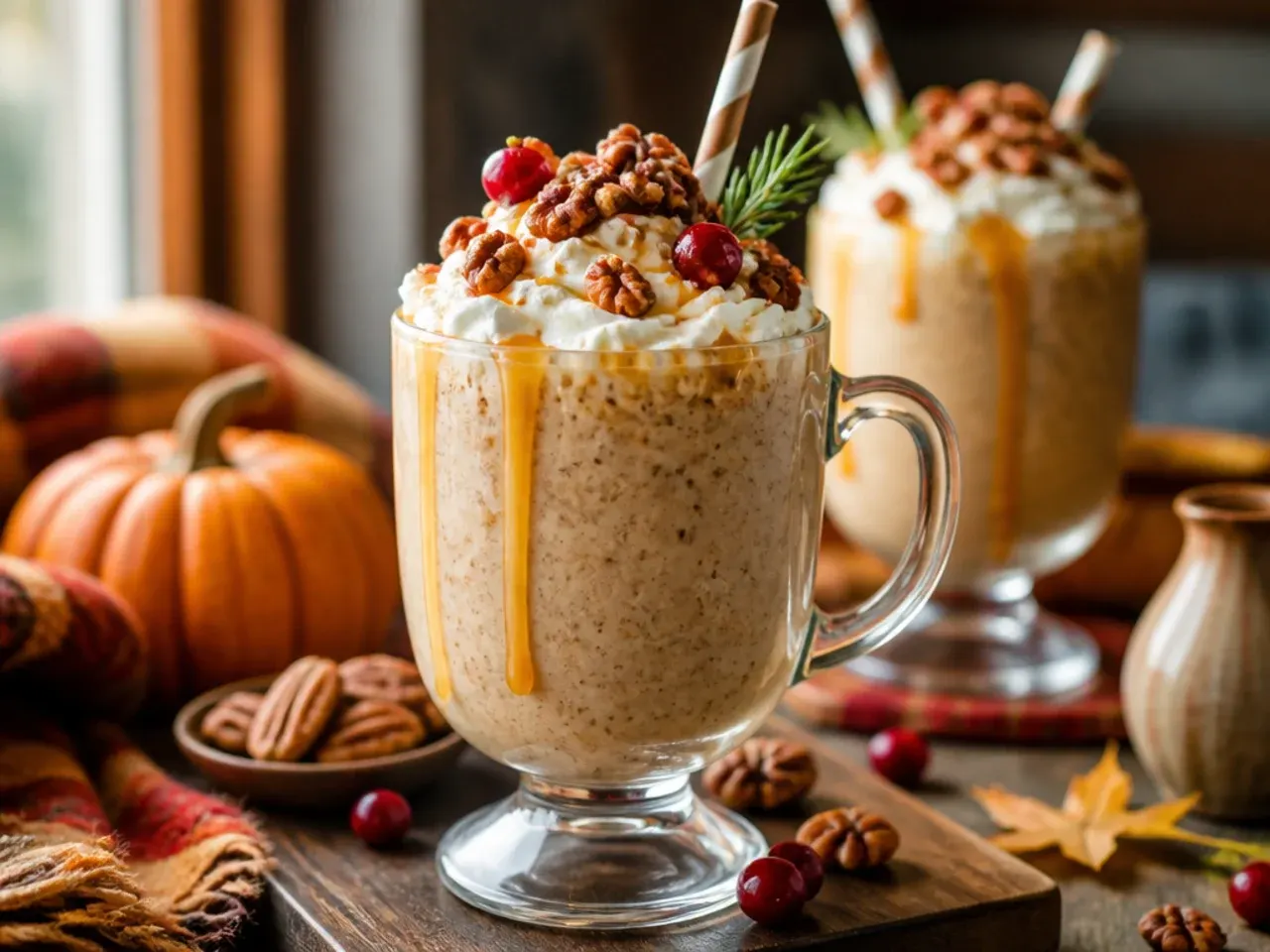 Pecan pie milkshake coffee in a glass topped with whipped cream and a pecan half, served with a straw and spoon