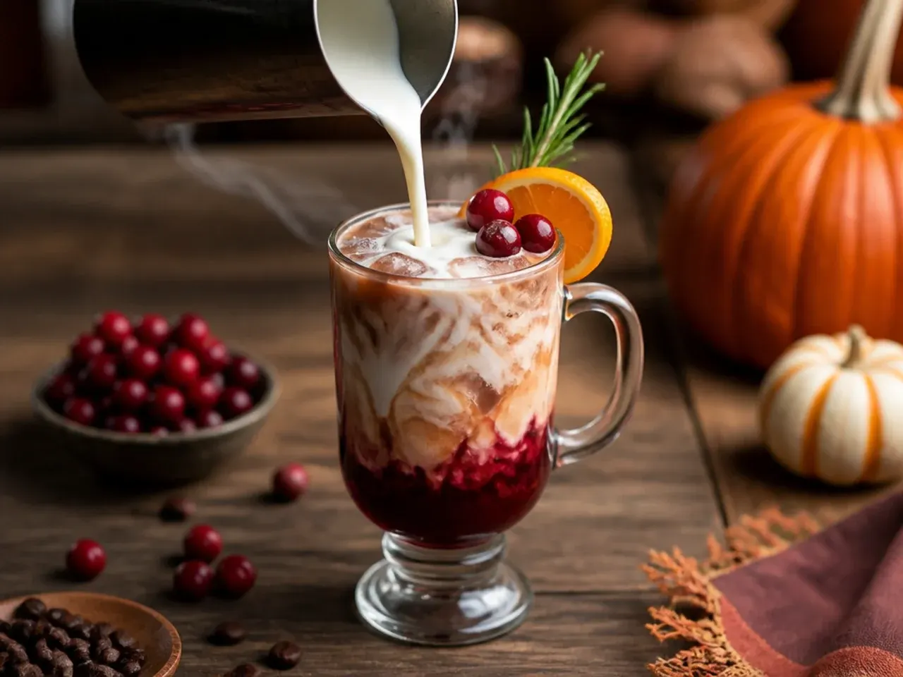 Cranberry orange latte in a glass mug with a pink-red cranberry layer at the bottom