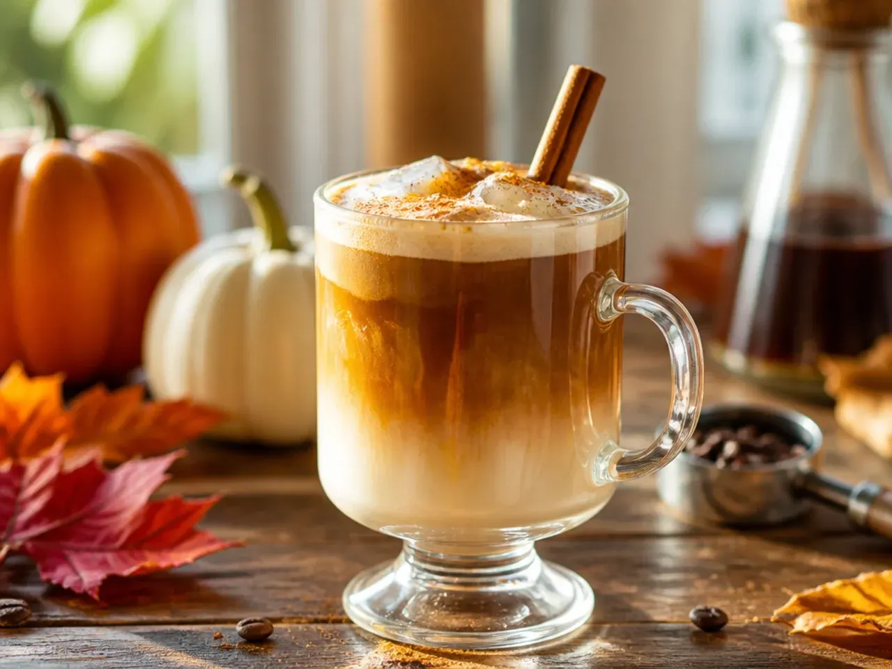 Layered maple macchiato showing distinct bands of milk, maple syrup and espresso in a tall glass