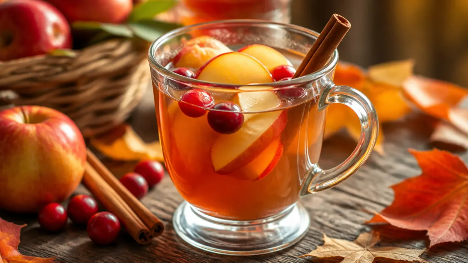 A glass punch bowl of sparkling cranberry apple cider punch with an ice ring, orange slices and fresh cranberries, surrounded by filled glasses on a Thanksgiving table