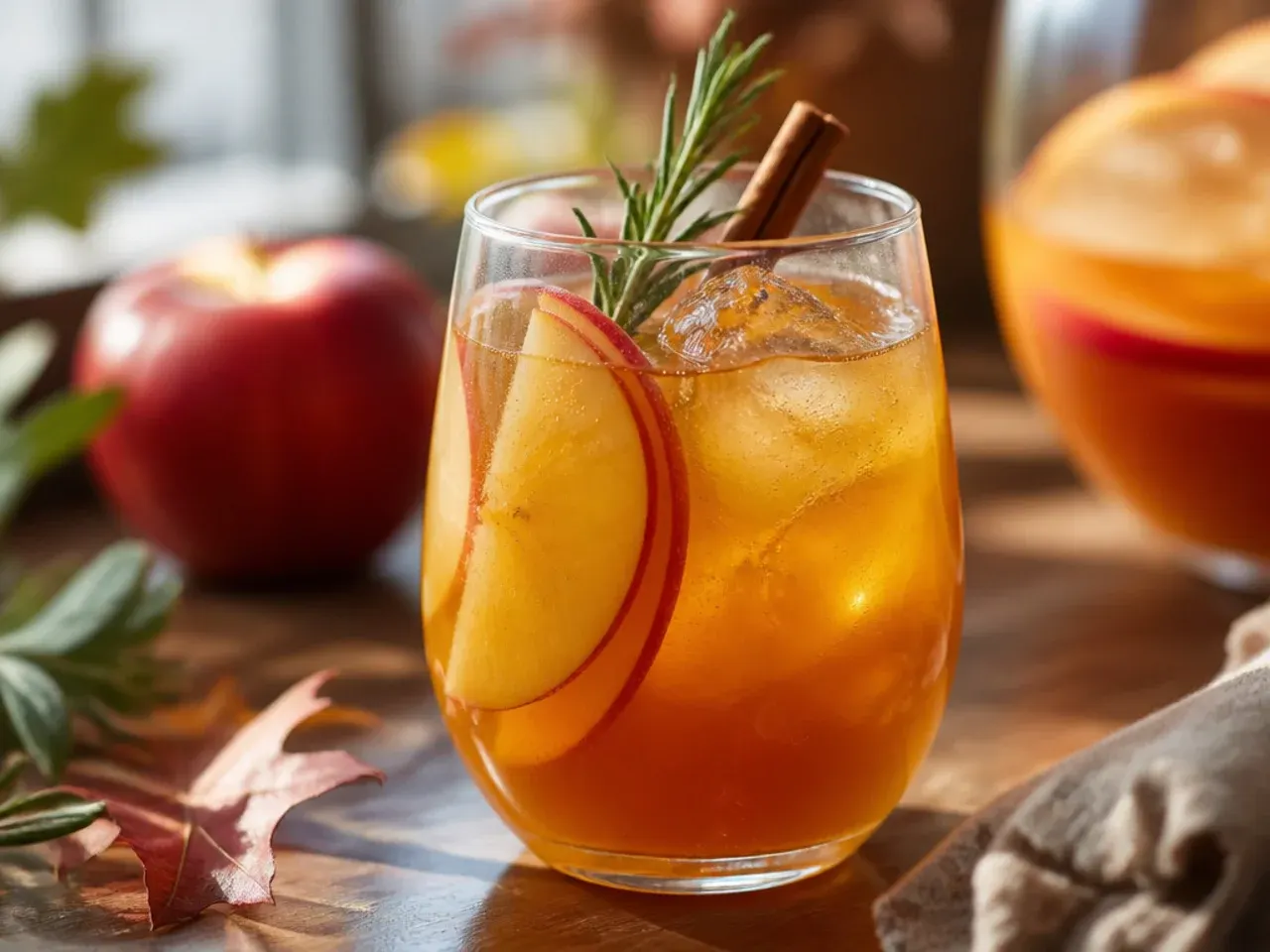 Overhead shot of a Thanksgiving drinks table with a punch bowl, a slow cooker of mulled cider and several garnished glasses