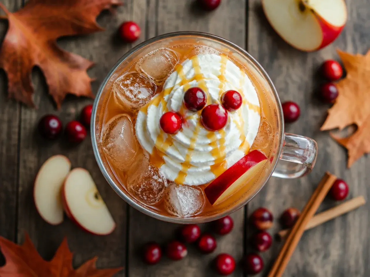 Tall glass of iced cranberry apple cider punch with cranberry ice cubes and a cinnamon stick garnish