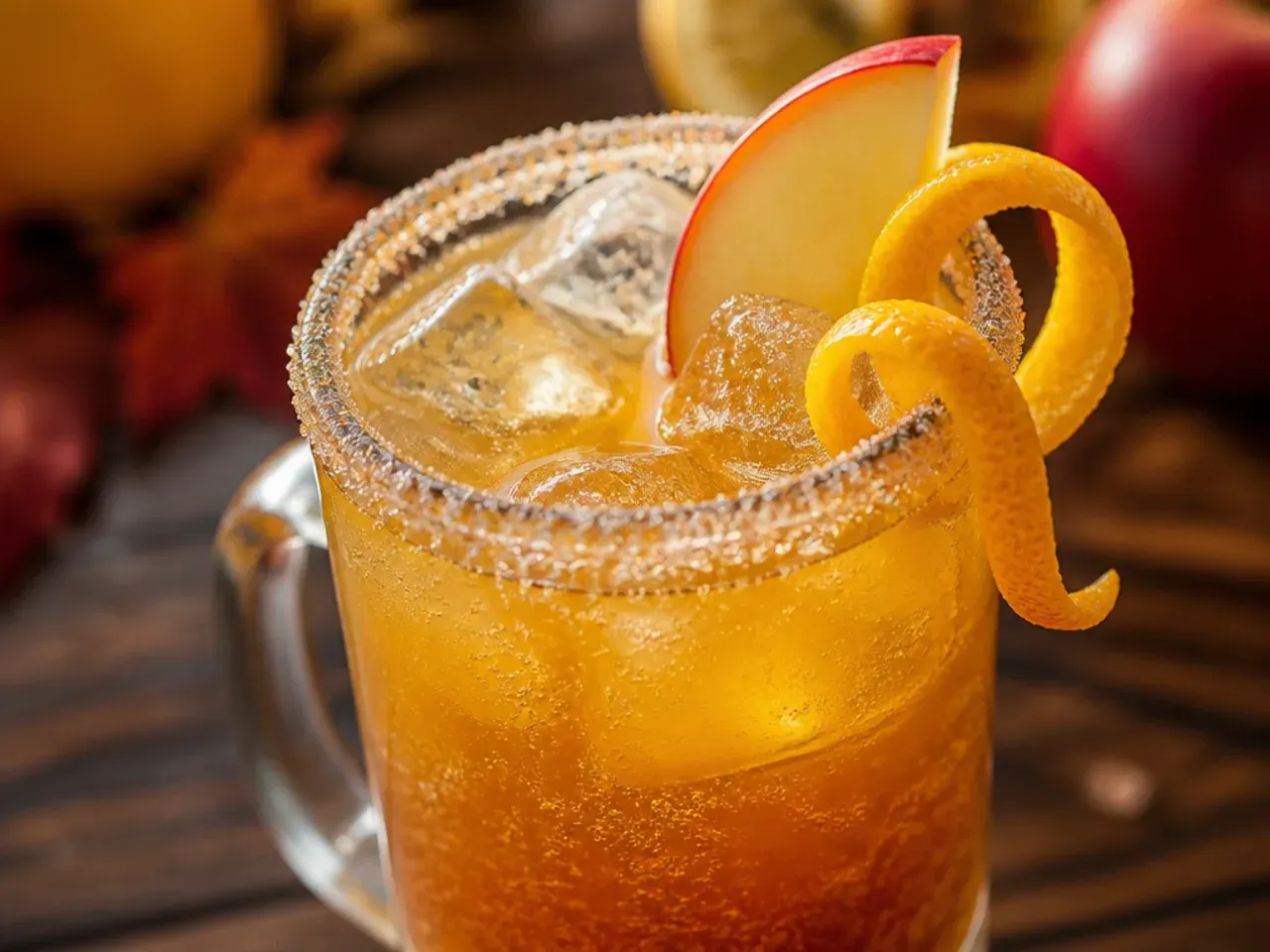 Tall glass of copycat sweet cider fizz over crushed ice with a lemon wheel garnish