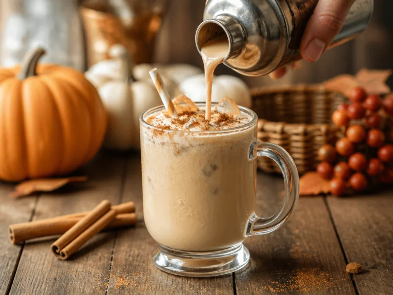 Small glasses of creamy pumpkin pie milk punch dusted with cinnamon and nutmeg