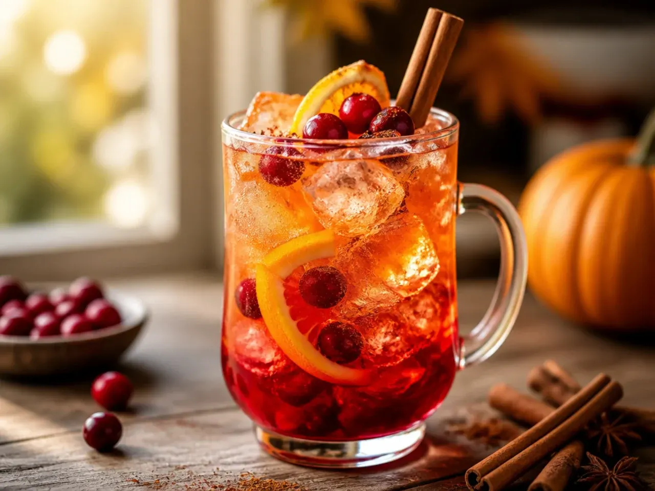 Glass of refreshing cranberry citrus spritzer with lime wheels and mint on a set Thanksgiving table