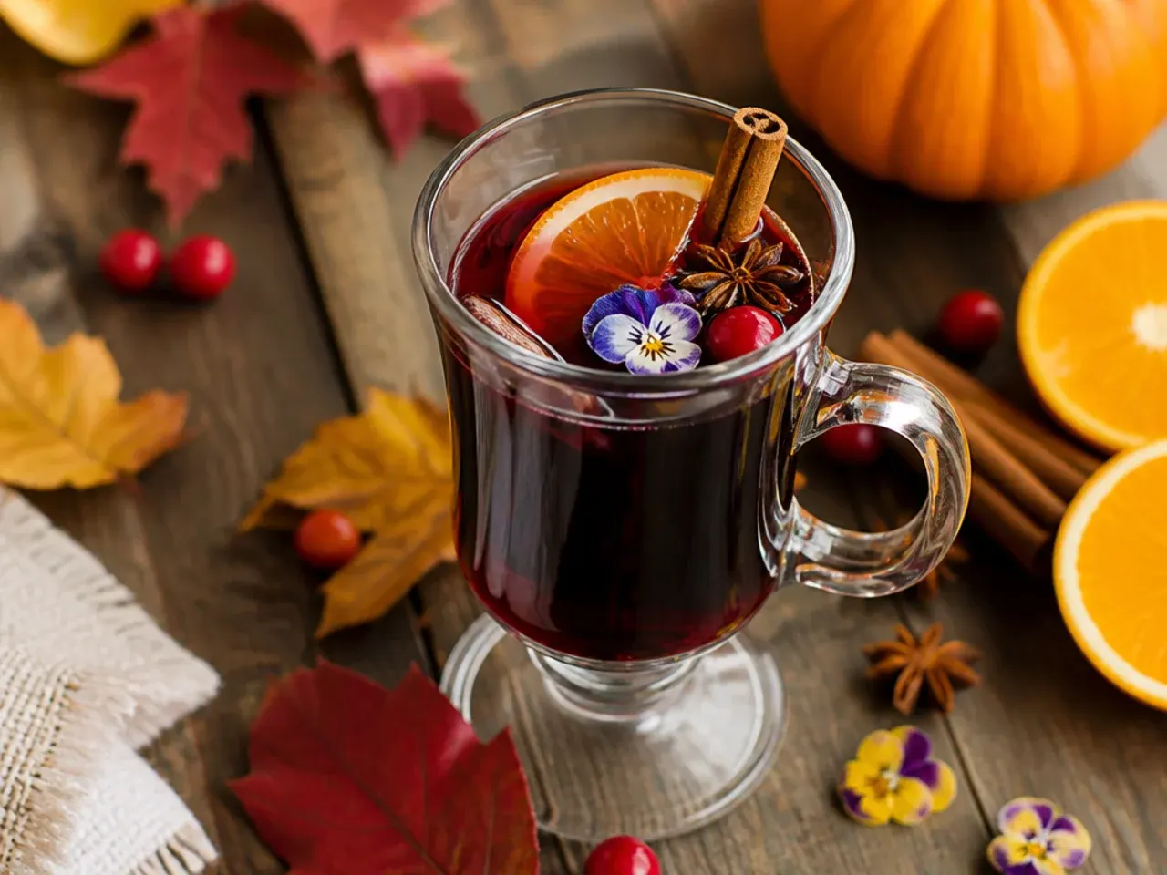 Mug of cozy mulled wine with an orange slice and cinnamon stick, steam rising