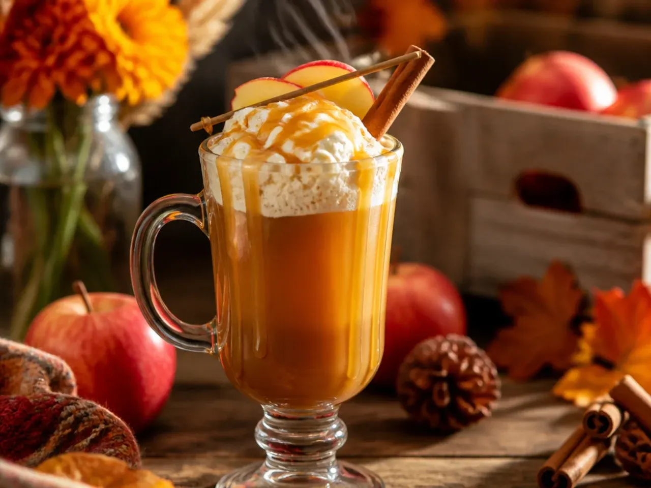 Glass of sweet caramel apple cider float topped with vanilla ice cream and caramel drizzle