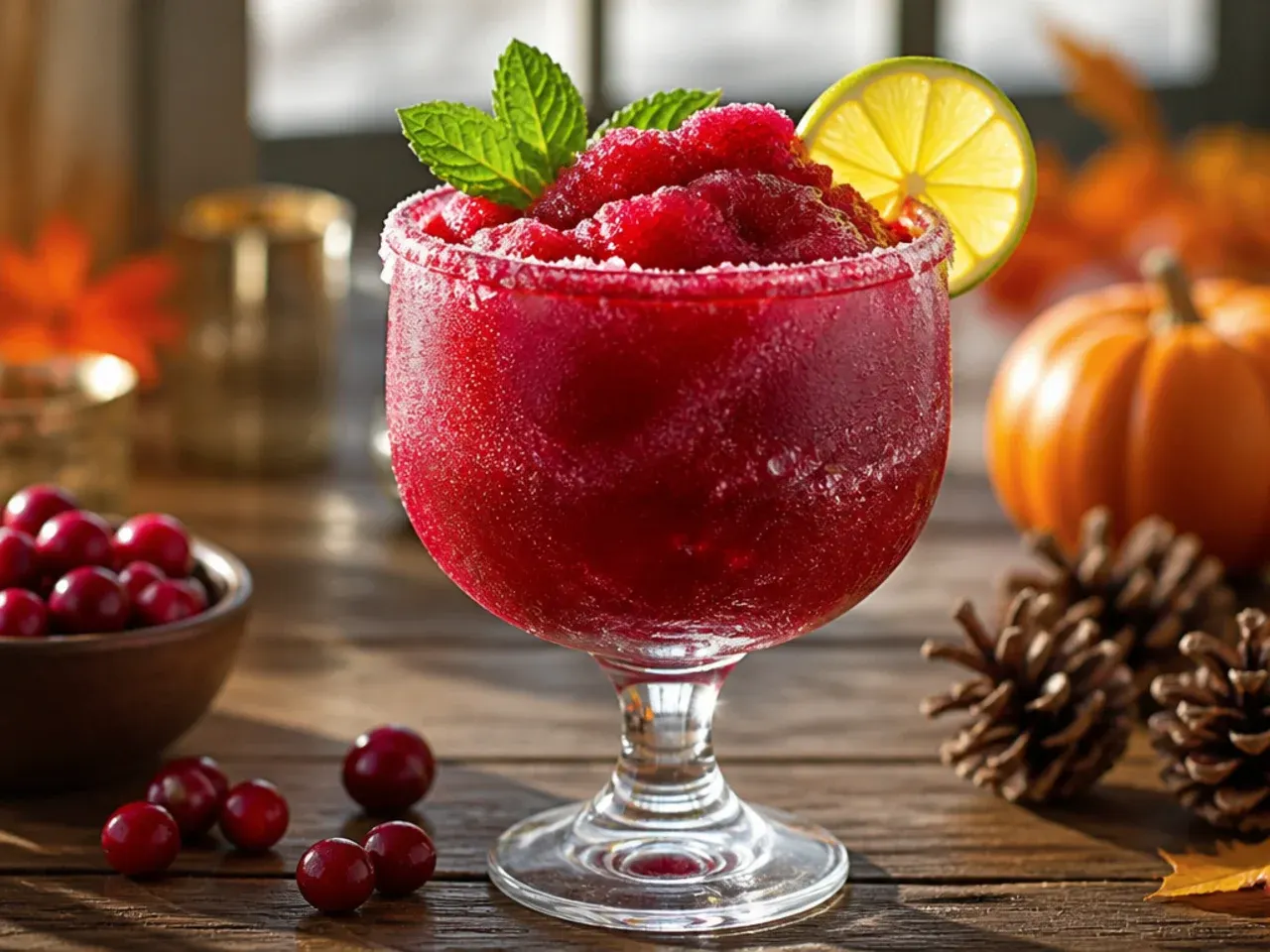 Frozen cranberry margarita slush in a salt-rimmed glass with a lime wedge