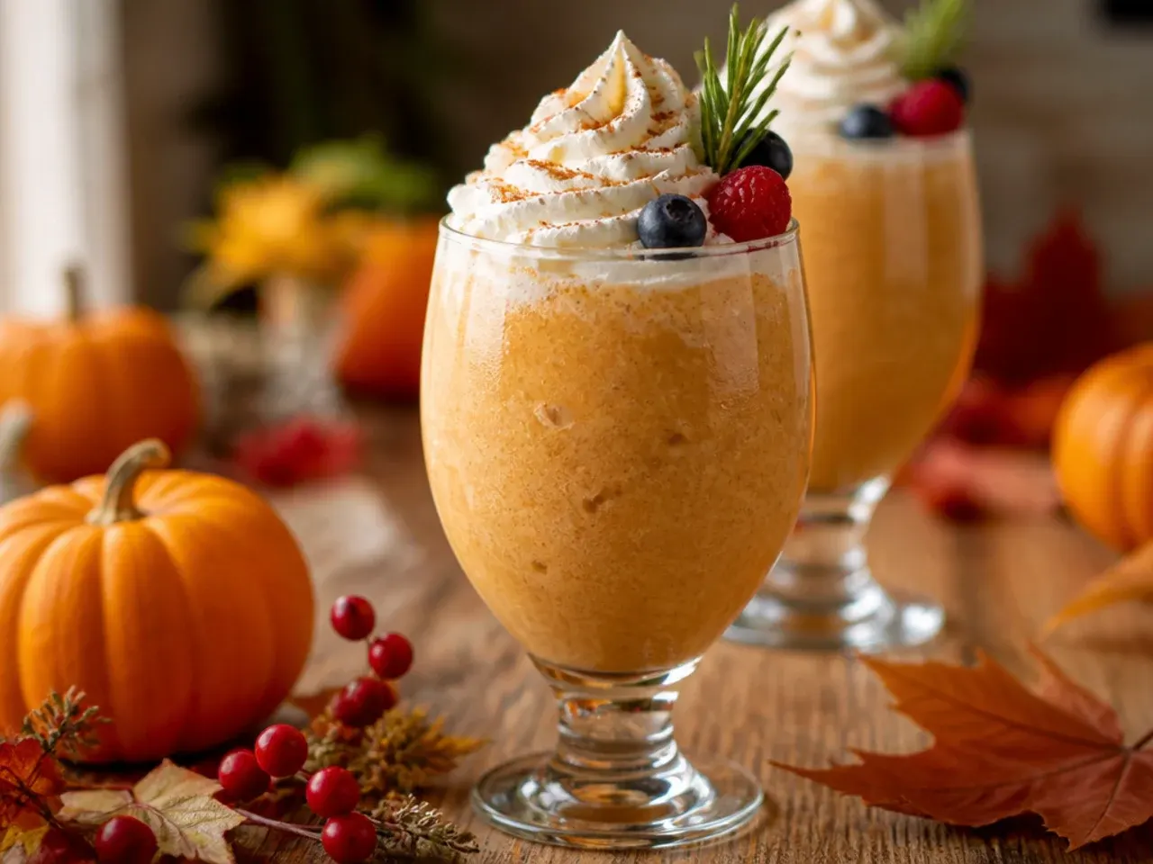 Blended pumpkin spice frappé in a tall glass topped with whipped cream and cinnamon