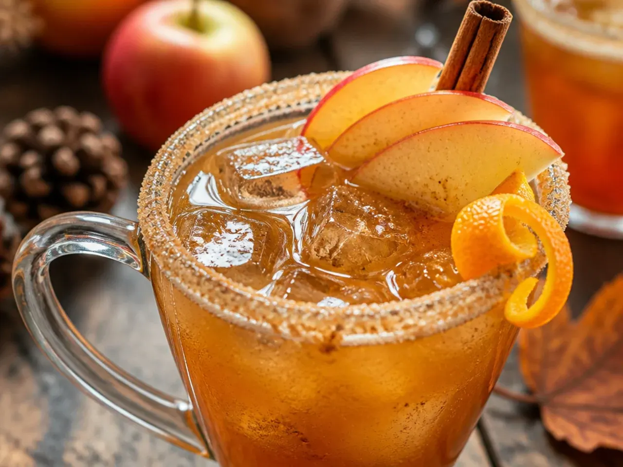 Warm spiced chai apple toddy in a clear mug with a lemon slice and star anise
