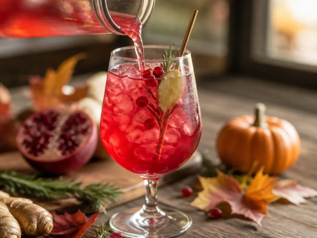 Festive pomegranate ginger sparkler in a glass with floating pomegranate seeds