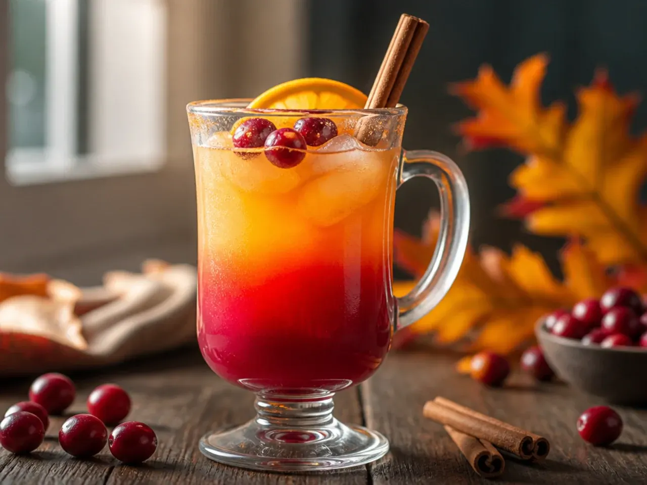 Layered cranberry orange sunrise punch showing a red-to-orange gradient in a clear glass