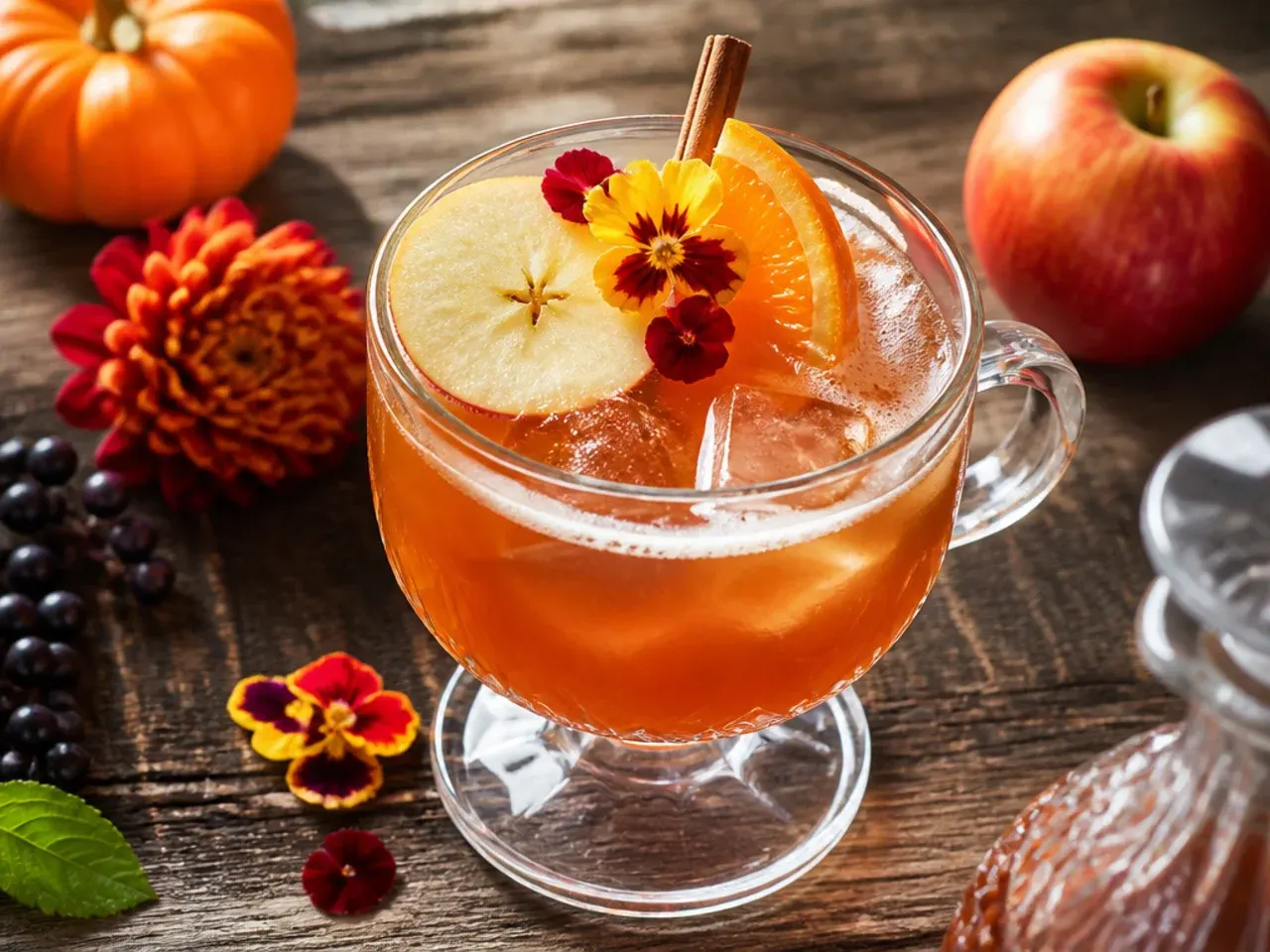 Bold bourbon maple punch in a rocks glass with an orange twist and large ice cube