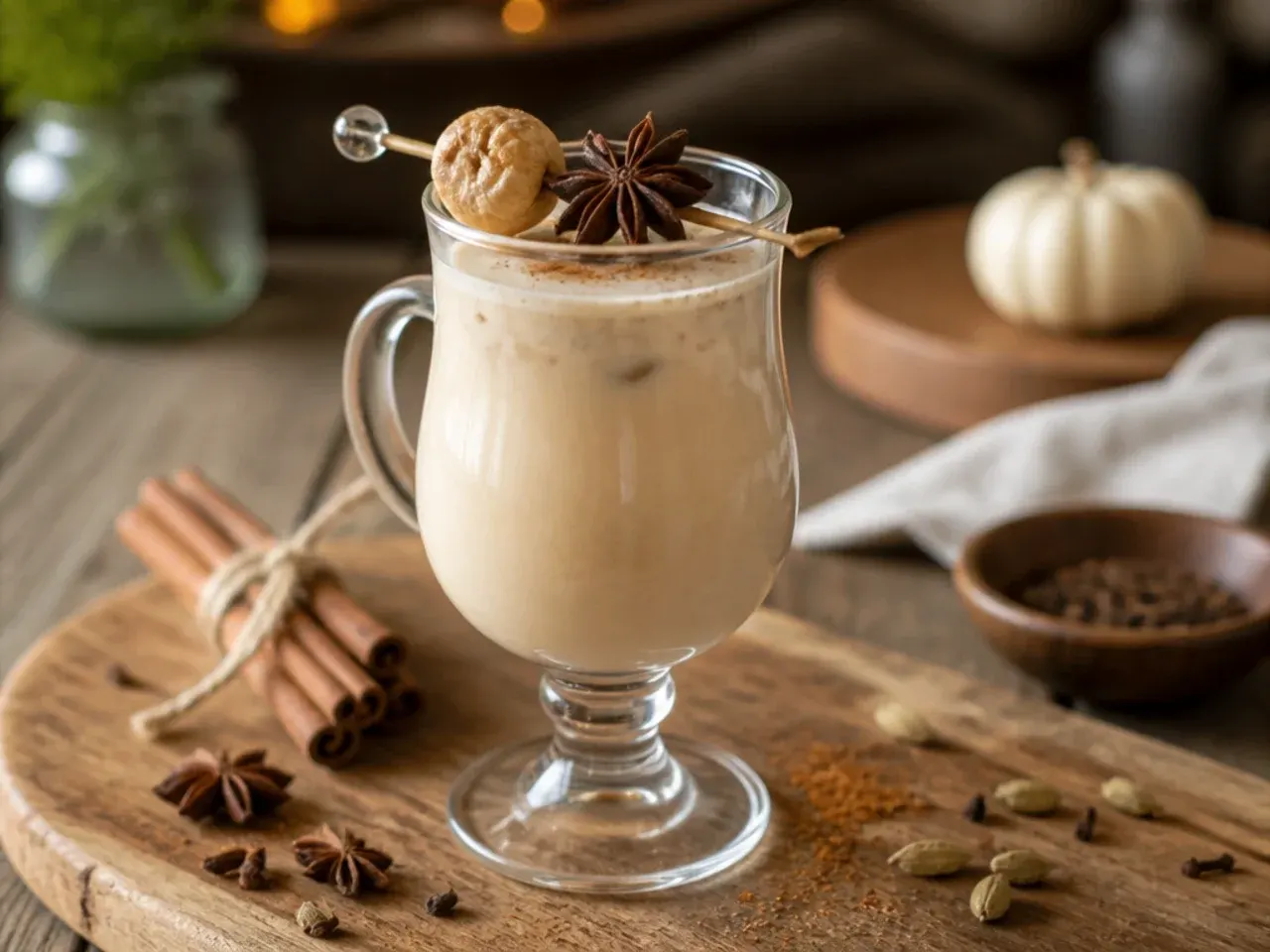 Glass of smooth vanilla chai eggnog dusted with nutmeg next to a cinnamon stick