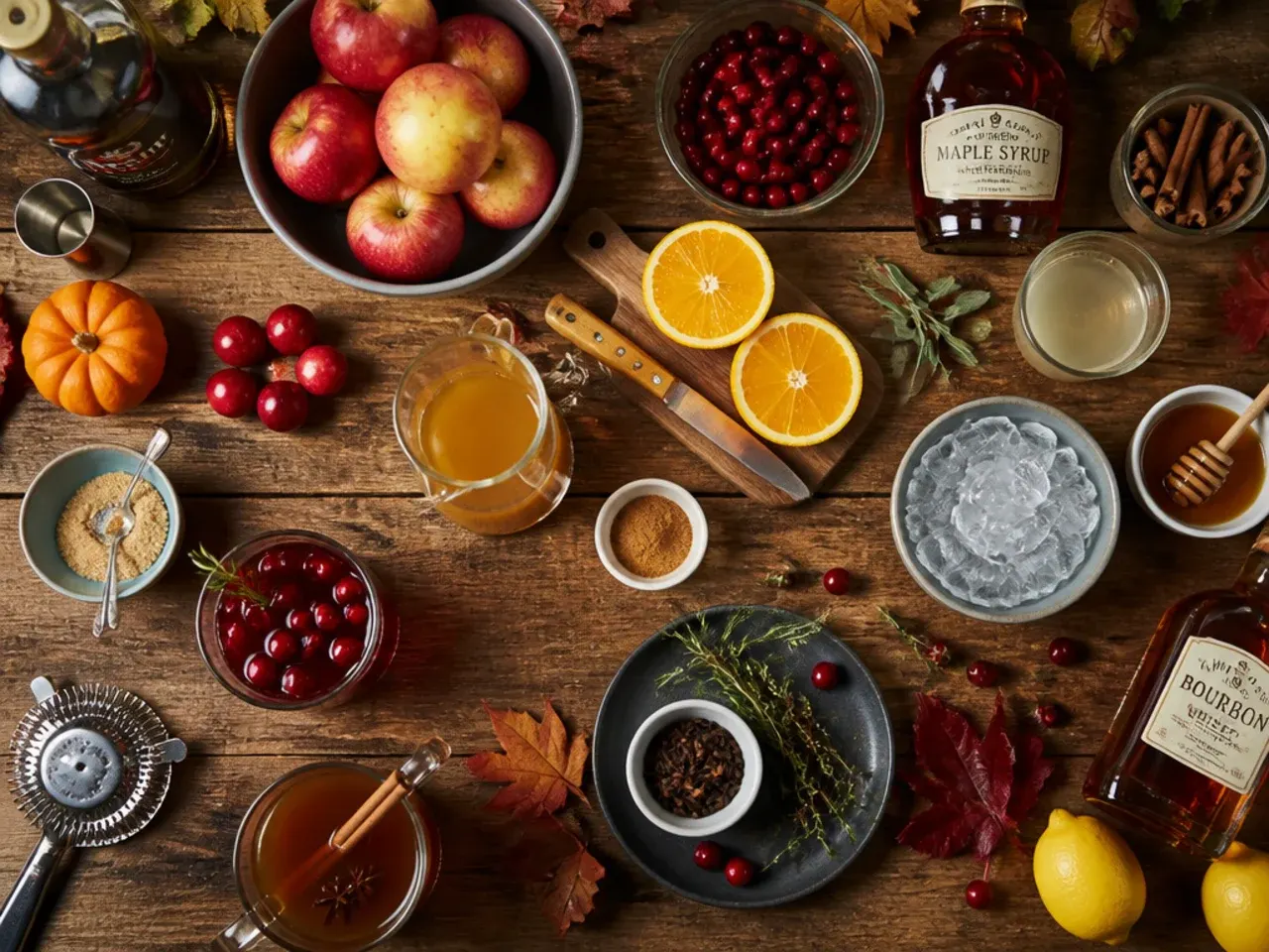 Close-up of hands ladling punch into a glass with ice and garnishes on the counter