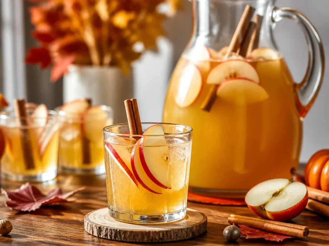 Row of pitchers and a slow cooker of pre-made Thanksgiving drinks lined up on a kitchen counter